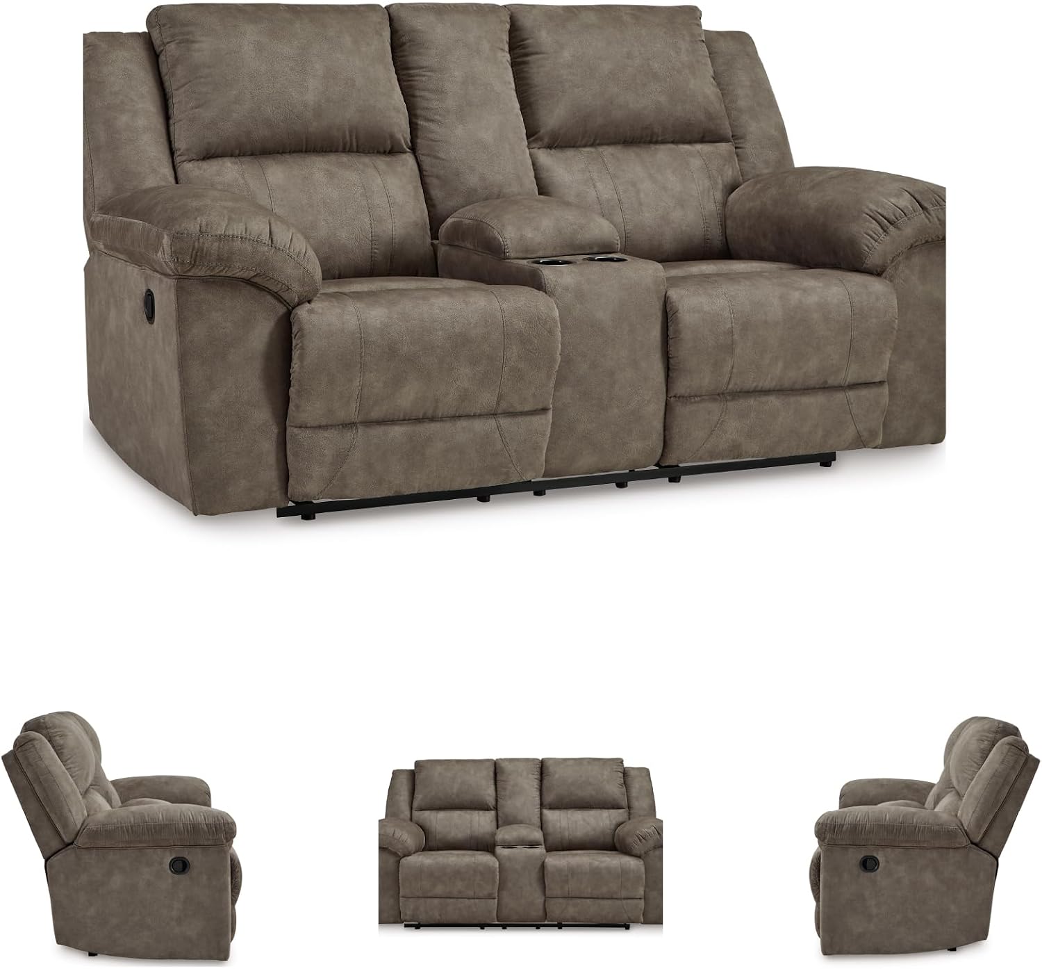 Signature Design by Ashley Laresview Contemporary Faux Leather Manual Double Reclining Loveseat with Console, Storage and Cup Holders, Gray
