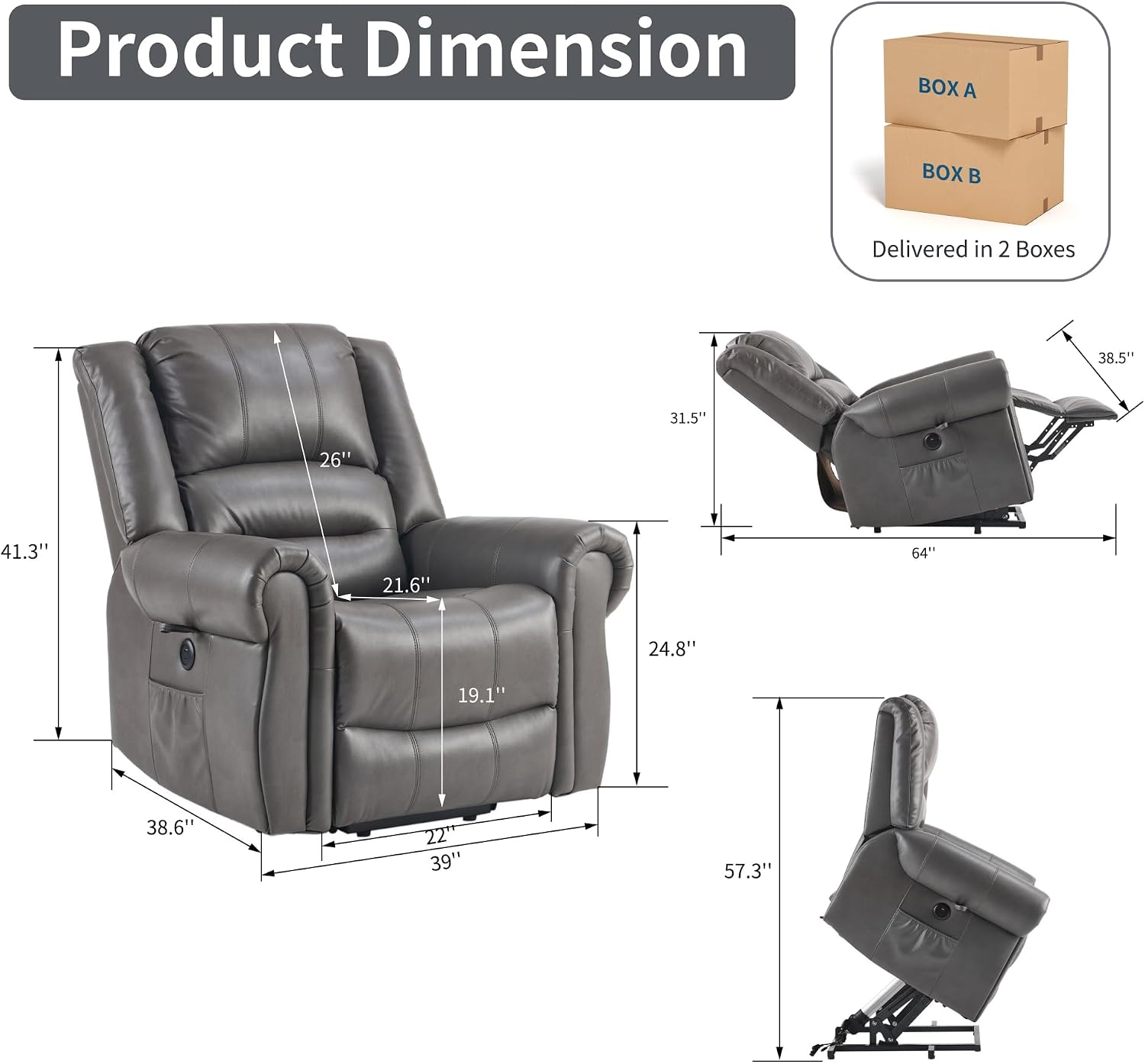 FLEXISPOT Power Lift Recliner Chair for Elderly with Massage & Heat, Faux Leather Electric Reclining Chair for Seniors with USB Ports, Cup Holders & Side Pockets(Medium Size,Charcoal Gray