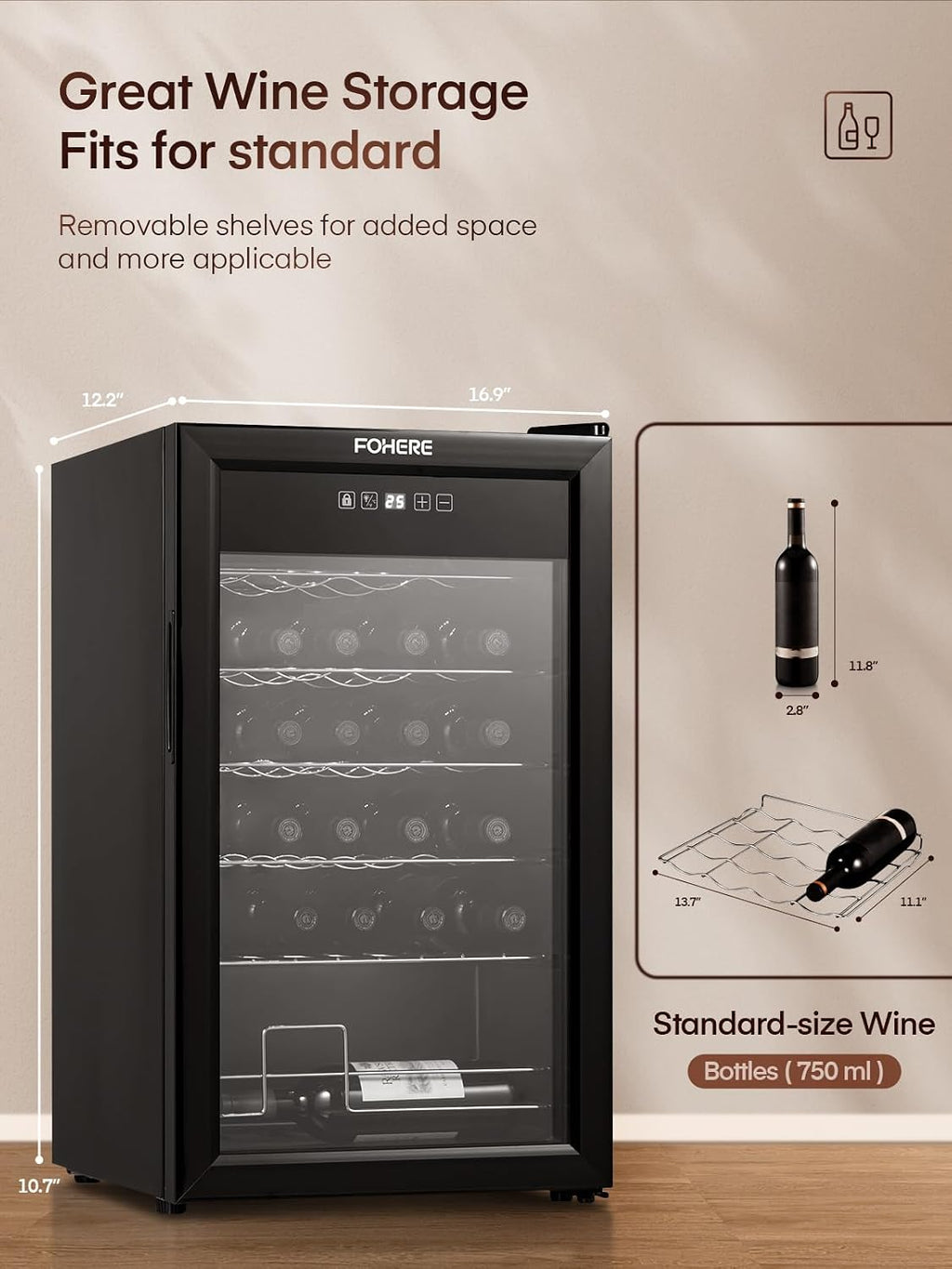 FOHERE 28 Bottles Wine Cooler Refrigerator, Wine Fridge with Double Glass Doors, LED Light, Digital Temperature Control, Wine Cellar for Bar, Home, Office