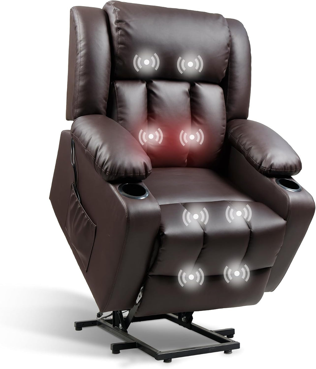 FLEXISPOT XL31 Power Lift Recliner Chair for Elderly, Electric Lift Chair with Massage & Heat, PU Leather Reclining Sofa w/Cup Holders for Living Room Bedroom, FSC Certified(Medium Size,Brown)