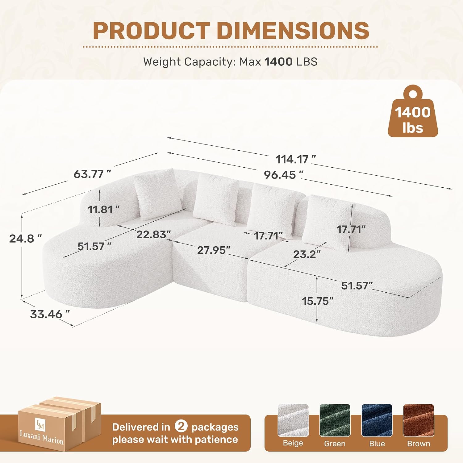 114 Inch Boneless Curved Couches for Living Room,Modern Modular Sectional Sofa with Chaise,L-Shape Cloud Sectional Couch,No Assembly Required,Beige