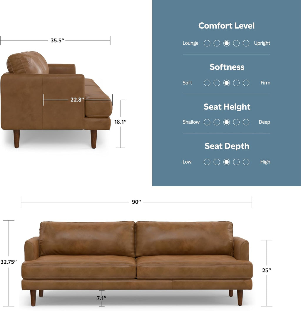 SIMPLIHOME Livingston Sofa - 90 inch Wide Top Grain Genuine Leather Sofa in Caramel Brown, Mid-Century Modern 3-Seater Couch for Living Room with Feather-Wrapped Cushions and Solid Wood Frame