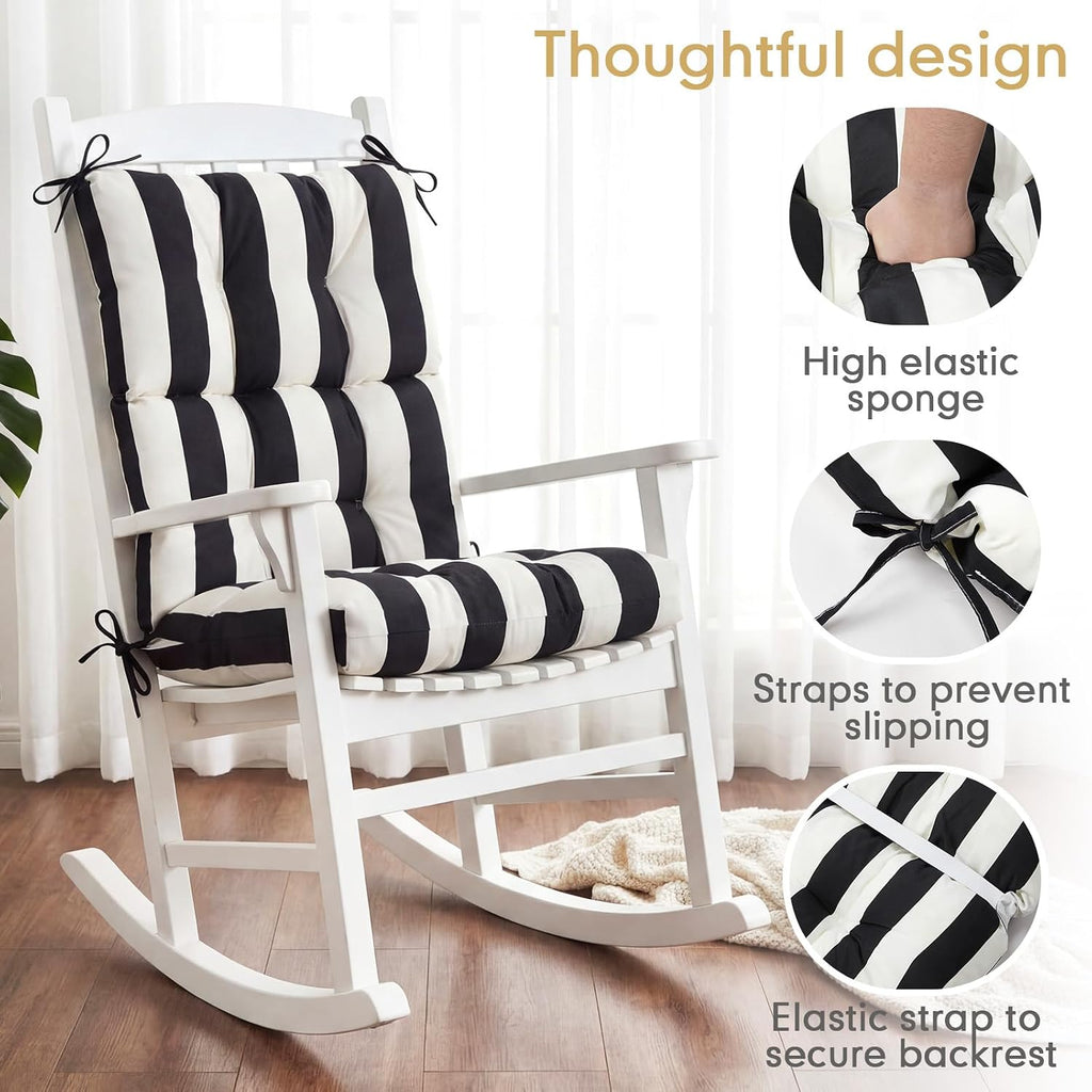 Hoteam 4 Pcs High Back Chair Cushions Set - 44'' x 21'' Indoor Outdoor Waterproof Soft Thicken Stripes Replaceable Cushion for Garden Summer Rocking Chair, Patio Furniture (Black Stripes)