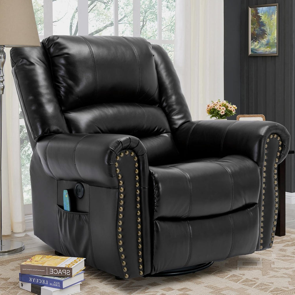 VIVIJASON Massage Swivel Rocker Recliner Chair with Heat & Vibration, 360° Swivel Manual Glider Rocking Reclining Chair with Remote Control, Side Pockets & USB Ports for Living Room, Black