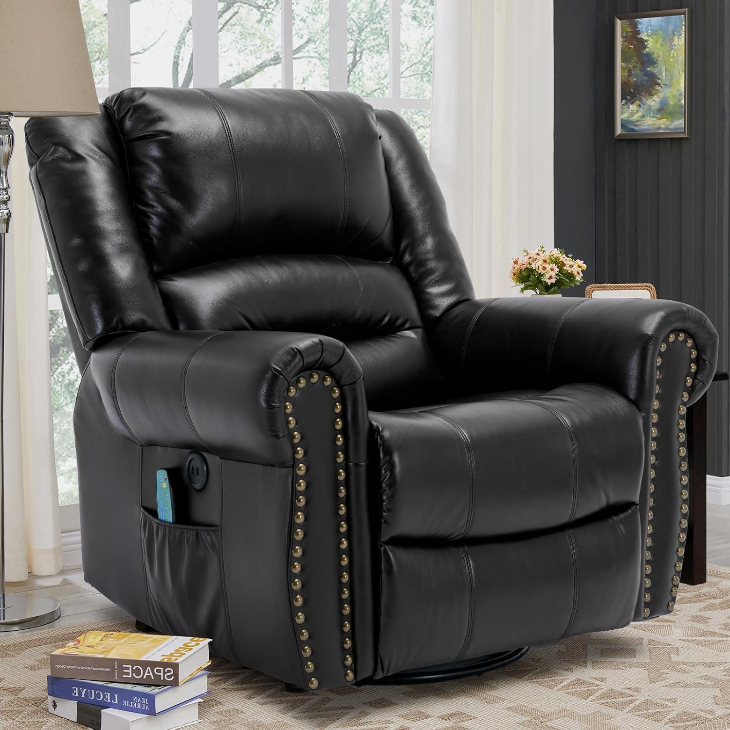 VIVIJASON Massage Swivel Rocker Recliner Chair with Heat & Vibration, 360° Swivel Manual Glider Rocking Reclining Chair with Remote Control, Side Pockets & USB Ports for Living Room, Black