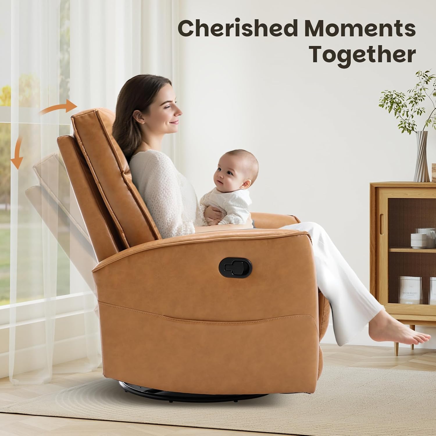 CANMOV Leather Recliner Chair, Swivel Rocker Recliner Chair, 360°Swivel Nursery Glider Recliner, Manual Recliner for Small Spaces,Living Room,Bedroom,Brown