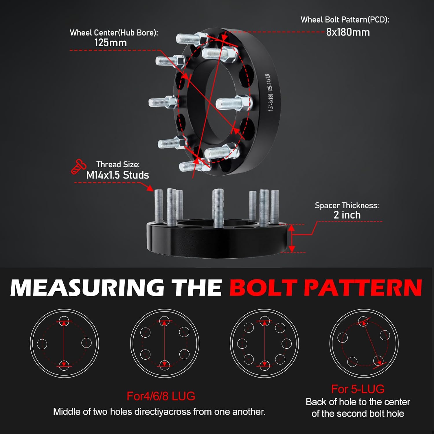8x180mm Wheel Spacers 1.5 inch 125mm Hub Bore M14x1.5 Studs Aluminum CNC Wheel Adapters 4pcs Car Wheel Accessories Parts Fit for Silverado Sierra 2500HD 3500HD 2011-2019