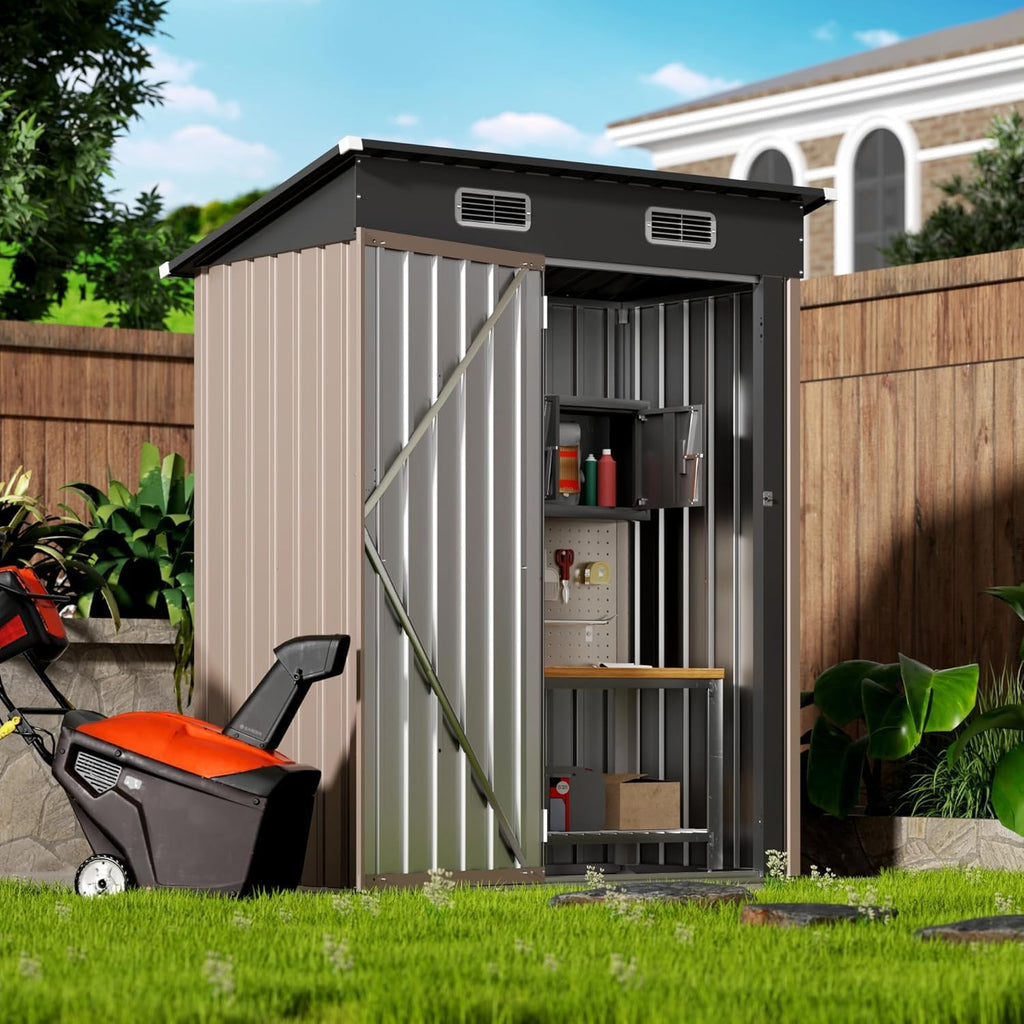 5x2.5 FT Vertical Metal Storage Shed, Lockable Outdoor Garden Tool Shed with Sloped Roof, Heavy-Duty Steel Utility Shed for Patio Backyard, Brown