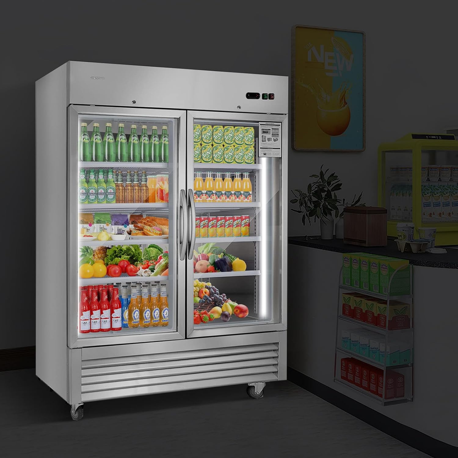 JINSONG Commercial Beverage Fridge Display Refrigerator, 54' Wide, Glass Door Refrigerator, Stainless Steel Beverage Cooler with LED Lighting & 8 Shelves for Restaurant, Office, Shop, Bar, 49 Cu.ft