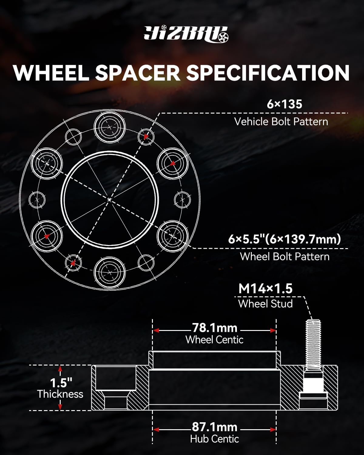 YIZBAP 4PCS 6x135 to 6x5.5 Wheel Adapters for Sliverado 1500 Wheels on F150 Vehicle, 1.5 inch 6x135mm to 6x139.7mm Wheel Adapters 78.1mm Hub Centric and 87.1mm Hub Bore with M14x1.5 Studs