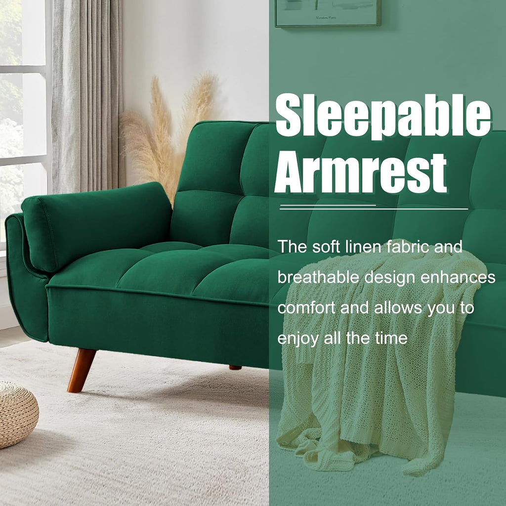 Convertible Futon Couch Bed, Sleeper Sofa Bed with Adjustable Backrests, Linen Loveseat Sofa 3 Seater Comfy Couch for Small Spaces, Living Room, Bedroom(Green, 75')
