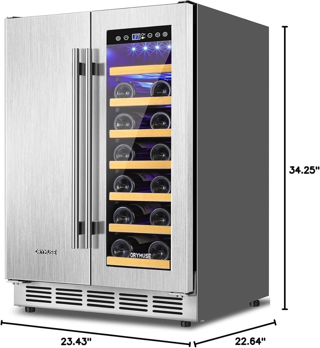 ORYMUSE Wine and Beverage Refrigerator Dual Zone, 24' Undercounter Beverage Fridge for Soda, Water and Beer, Built-in/Freestanding, Holds 20 Bottles & 88 Cans, Stainless Steel