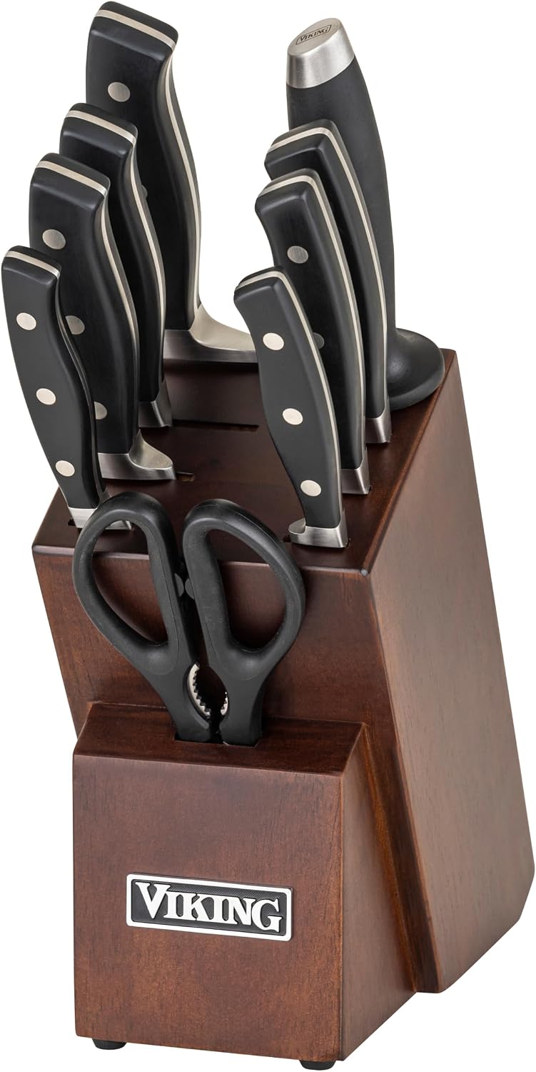Viking Kitchen Knives Set, 10 Piece Full Forged Cutlery Set with Walnut Knife Block, Stainless Steel Blades and Ergonomic Handles, Dishwasher Safe