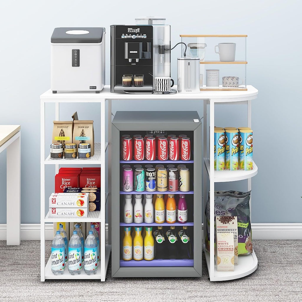 PUNCIA Mini Fridge Stand with Power Outlet, Coffee Bar Cabinet with Refrigerator Space, Microwave Oven Stand & Utility Storage Shelf for Kitchen, Dorm, Apartment & Break Room (White)