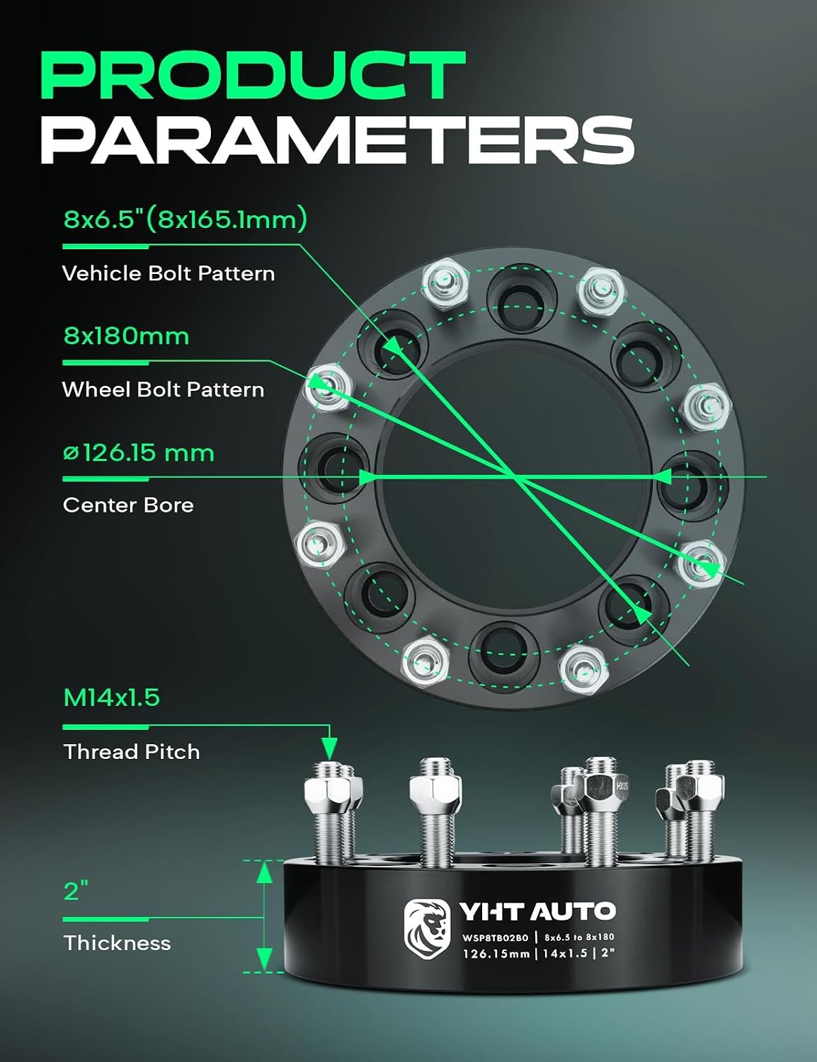 YHTAUTO 8x6.5 inch to 8x180 mm Wheel Adapters 2 inch Compatible with Chevrolet, GMC Models, Wheel Tire Adapters w/ M14x1.5 & 12.9 Grade Studs, 126.15 mm Center Bore 8 Lug 4PCS Black