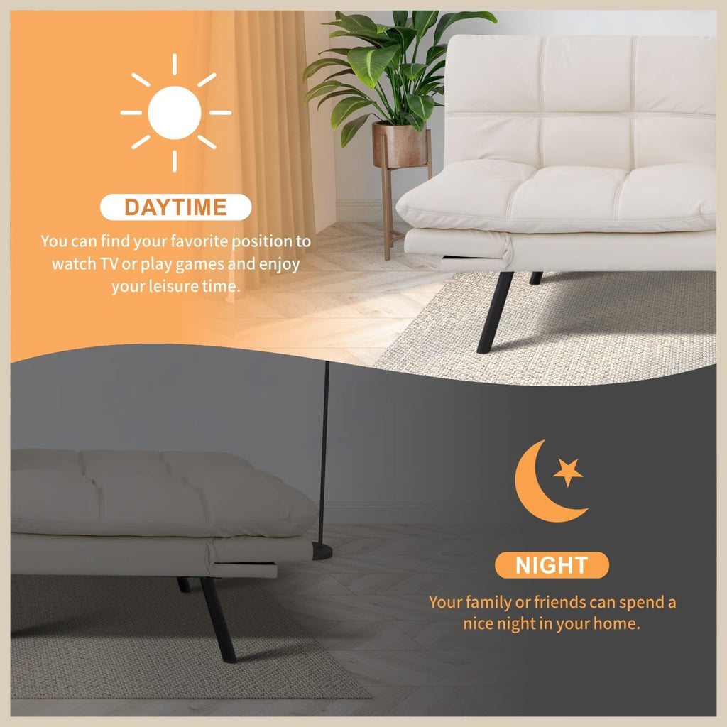 MUUEGM 71' Futon Sofa Bed, Modern Convertible Loveseat Sleeper, Faux Leather Couch with Adjustable Back & Arms for Small Spaces, Office & Apartment - Ivory