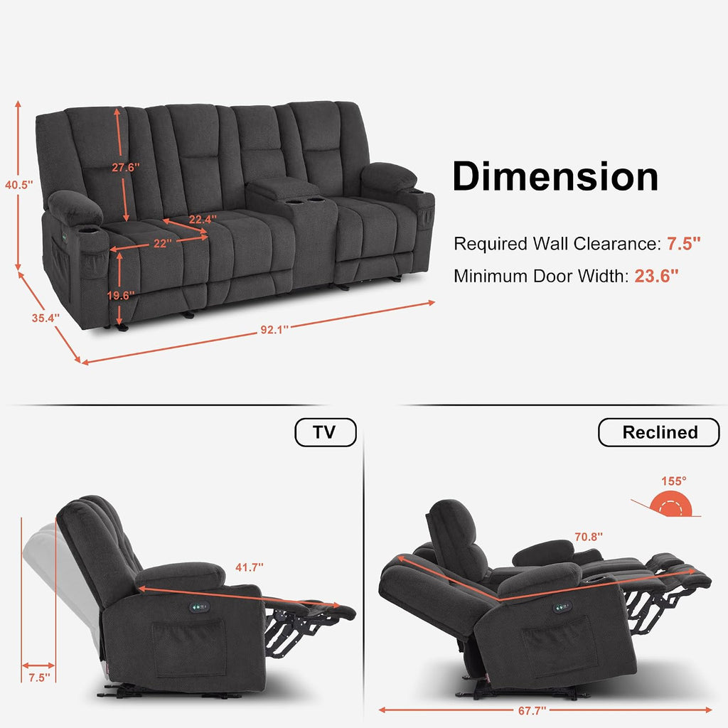 MCombo Zero Gravity 3 Seater Power Reclining Sofa with Console, Heat and Vibration Massage, Recliner Couch for Living Room, Fabric 6035SET (Grey, 3 Seater with Console)
