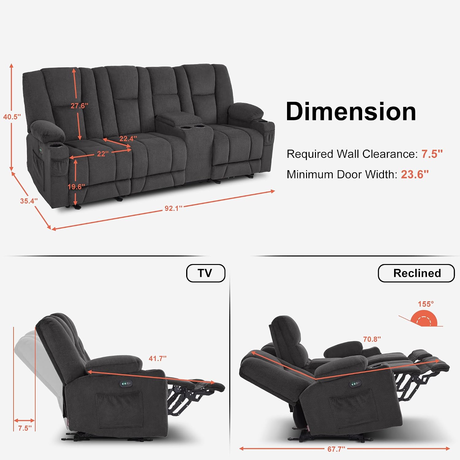 MCombo Zero Gravity 3 Seater Power Reclining Sofa with Console, Heat and Vibration Massage, Recliner Couch for Living Room, Fabric 6035SET (Grey, 3 Seater with Console)