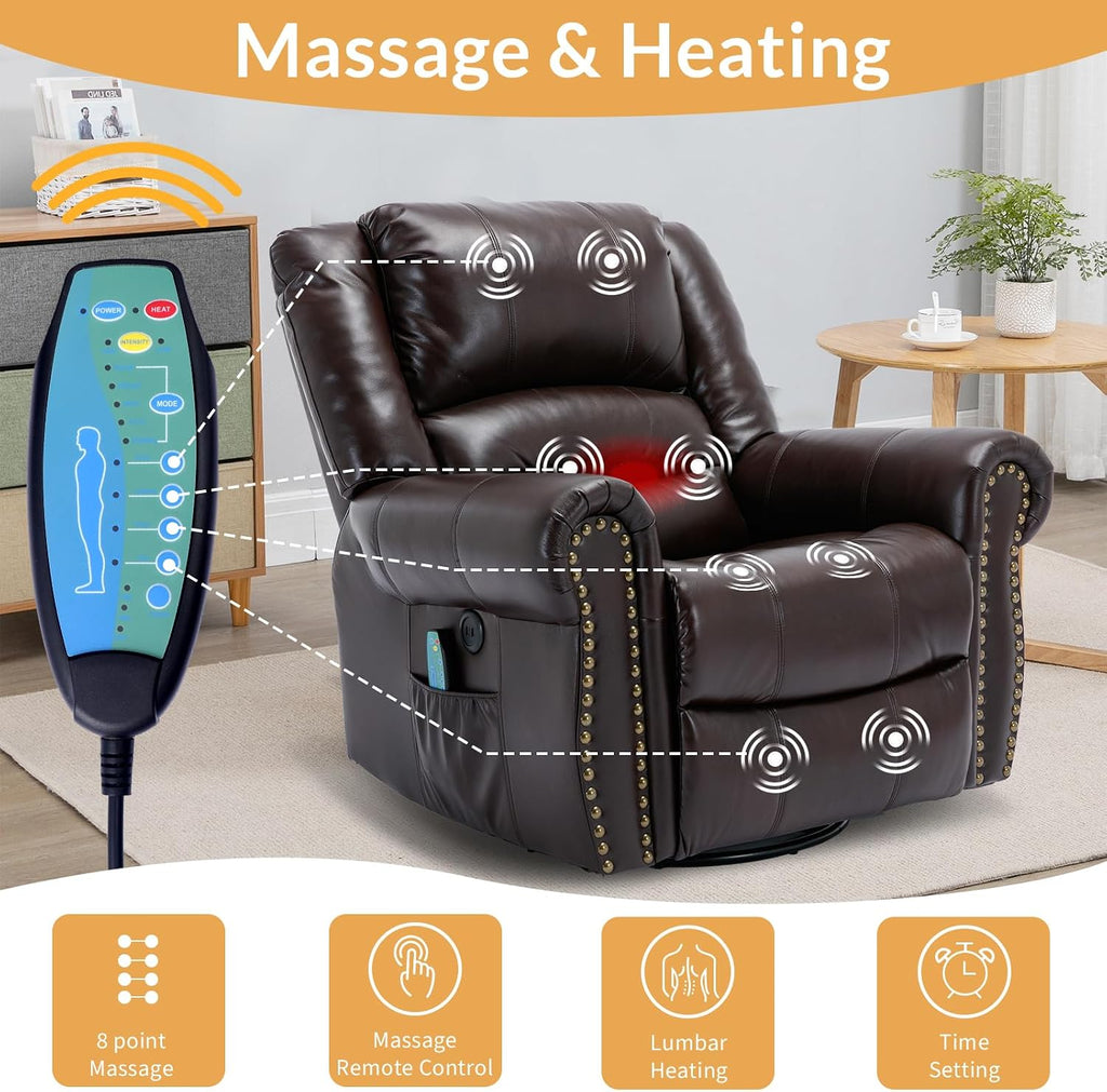 Manual Massage Recliner with Heating Function, 360° Swivel Glider Rocking Recliner Chair for Living Room, Ergonomic Single Sofa Chair with Remote Control/USB Ports/Side Pockets(Dark Brown)