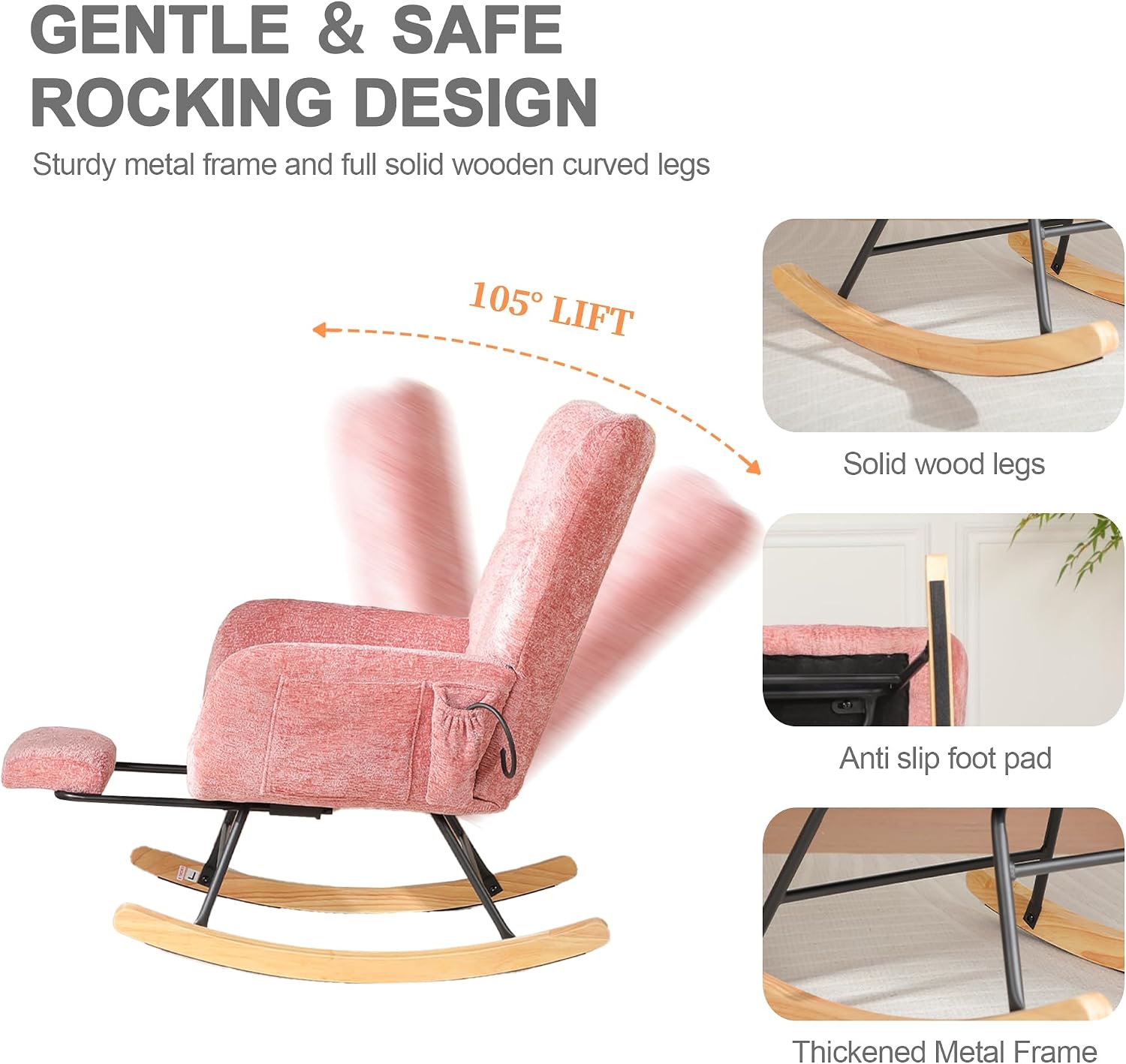 Rocking Chair Nursery with Airbag, Comfy Modern Nursery Rocking Reading Chair Indoor with Footrest, Cozy Upholstered Glider Rocker Chairs for Living Room Bedroom Offices(Chenille, Pink)