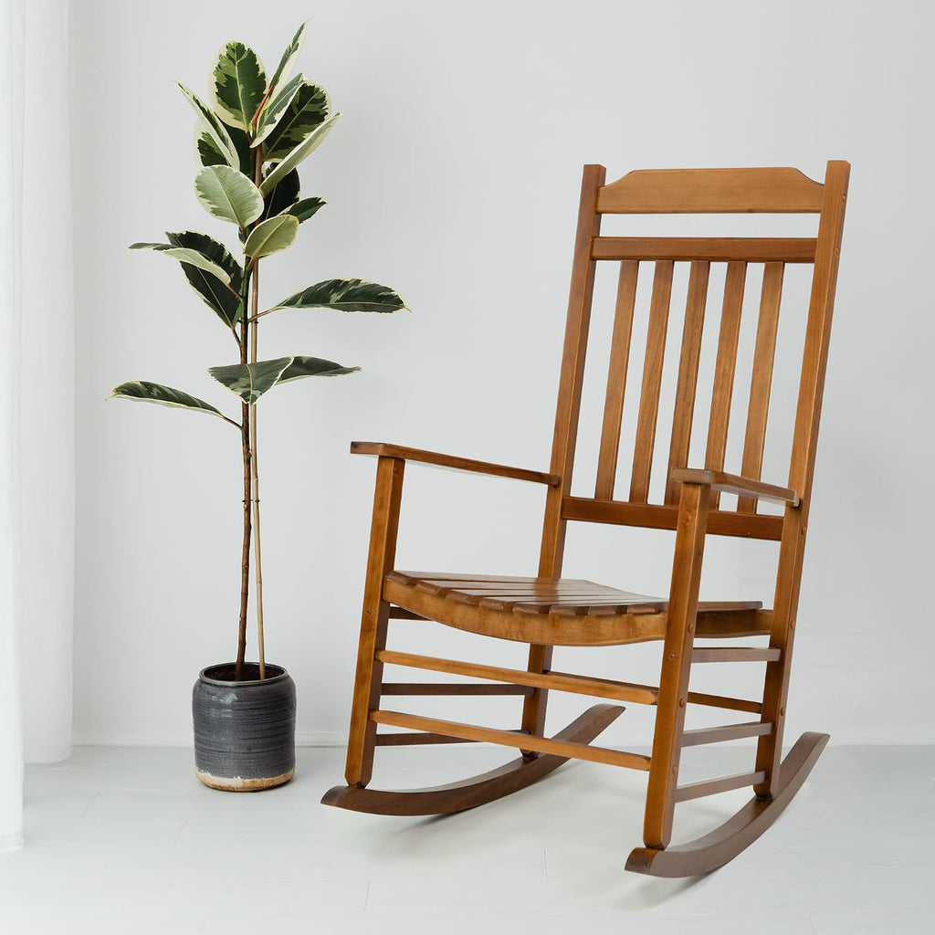 Kozyard Wooden Rocking Chair, Solid Wood Outdoor Rocker Chair with High Back & Slatted Seat, Ergonomic Porch Rocking Chair for Patio, Balcony, Garden, Indoor Outdoor Use (Natural)