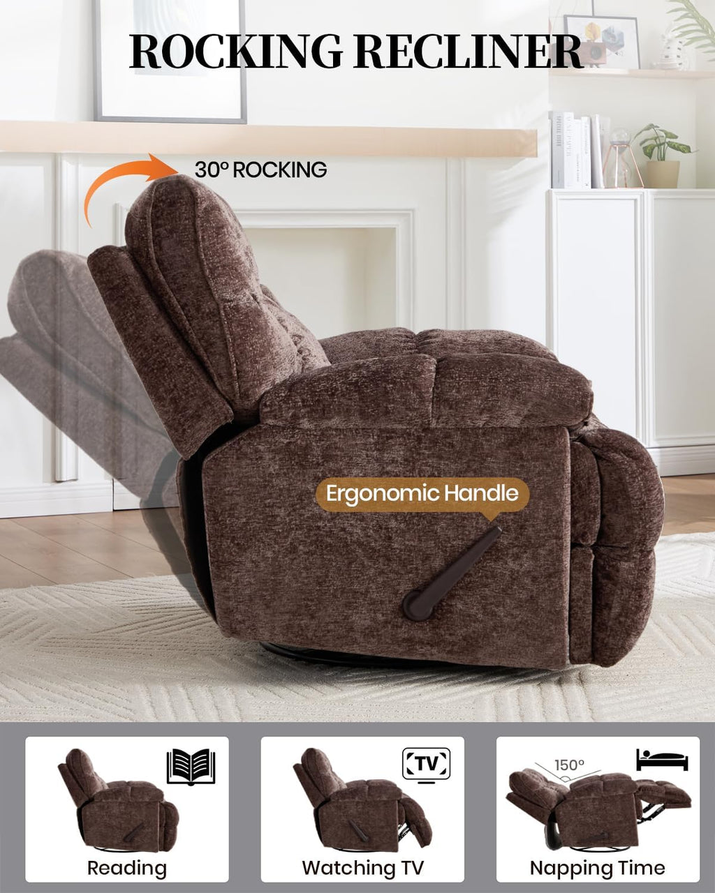 Oversized Manual Recliner Chair with 360° Swivel, Big and Tall Rocker Glider for Nursery Living Room, Chenille Overstuffed Reclining Sofa with Handle, 375lbs (Brown, Manual)
