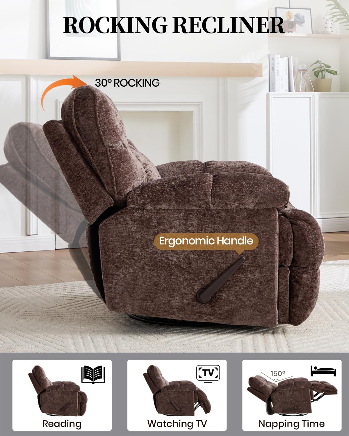 Oversized Manual Recliner Chair with 360° Swivel, Big and Tall Rocker Glider for Nursery Living Room, Chenille Overstuffed Reclining Sofa with Handle, 375lbs (Brown, Manual)