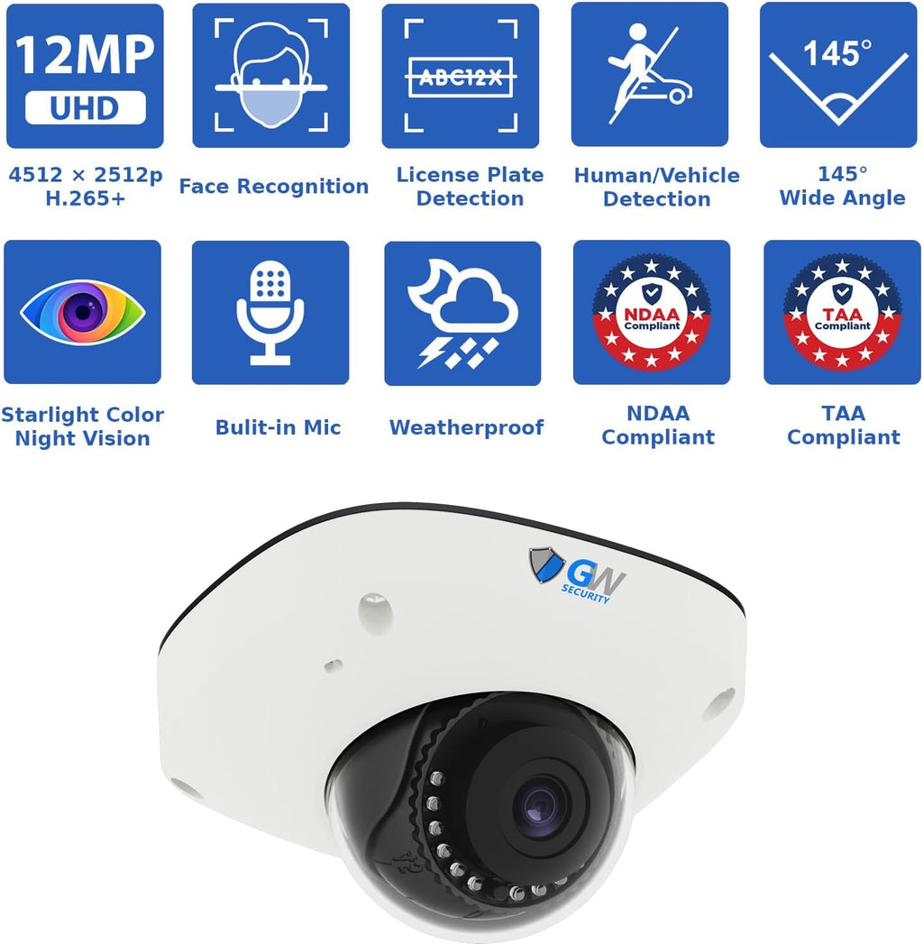 GW Security 8 Channel 12MP 4K @30FPS Face Recognition PoE Security Camera System with 6 x 12MP (4512x2512) IP Color Night Vision Waterproof Microphone AI Dome Cameras, 10 Smart AI Functions