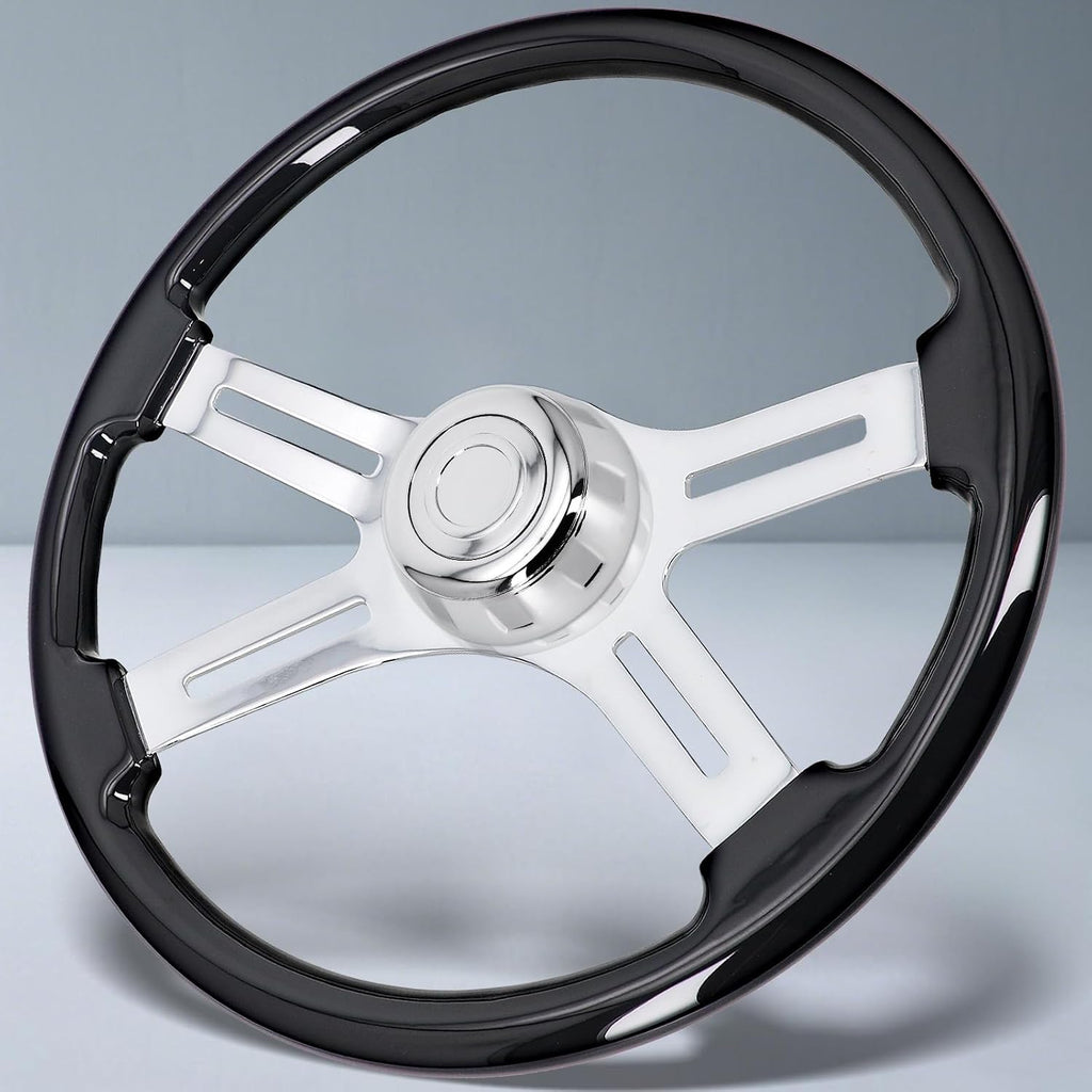 Sorghum 18' Solid Wood Steering Wheel - 4 Spokes Aluminum Chrome Classic Steering Wheel with Horn Button for Semi-Trailers Trucks Compatible with Mack Kenworth Peterbilt Volvo Freightliner-Black