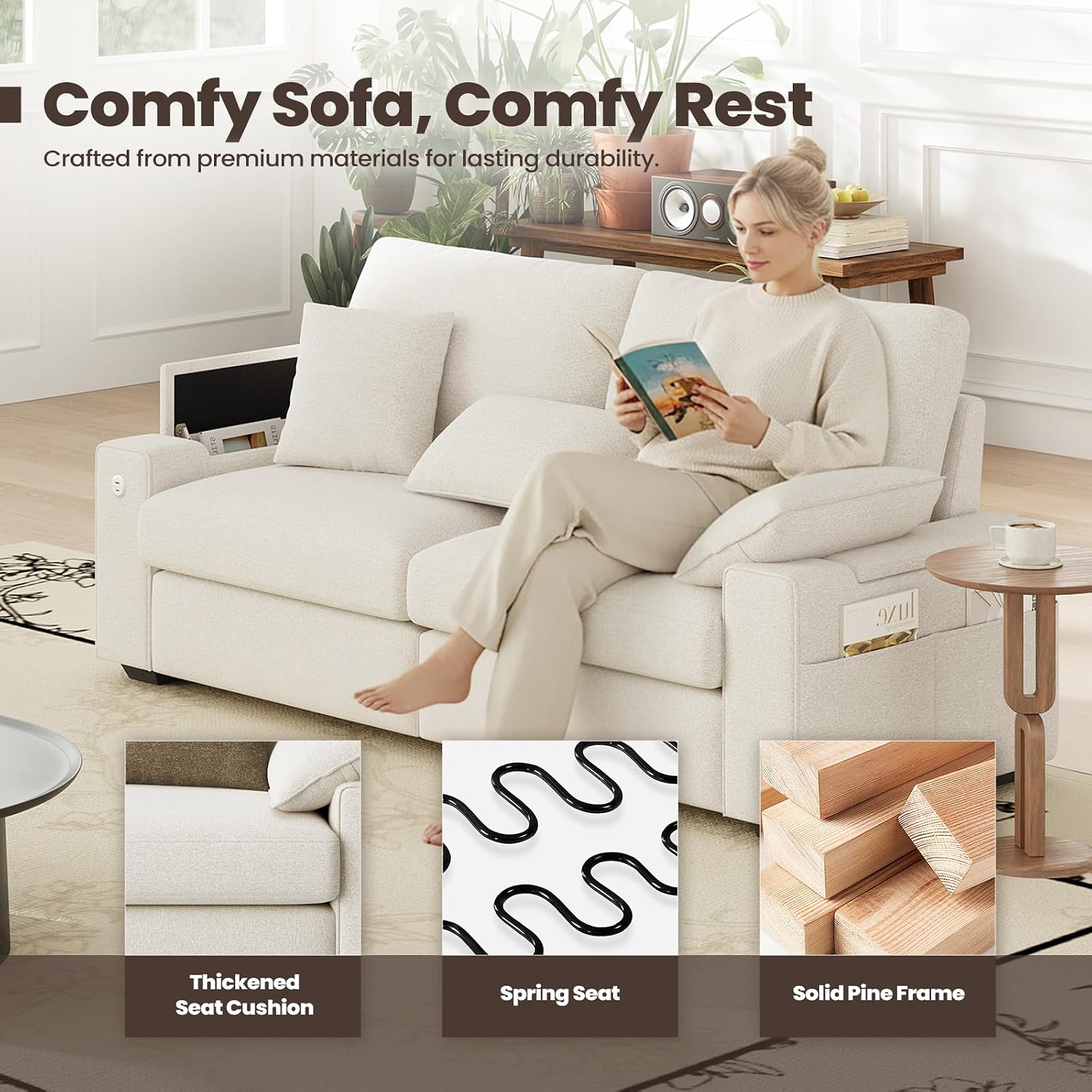 MALOL 76' Loveseat Sofa, Cloud Foam Couch, 3 Seater Upholstered Midcentury Mondern Love Seat with USB Type C Ports, 4 Pillows and Storage Armrest for Living Room/Small Spaces, Beige | Breathable material