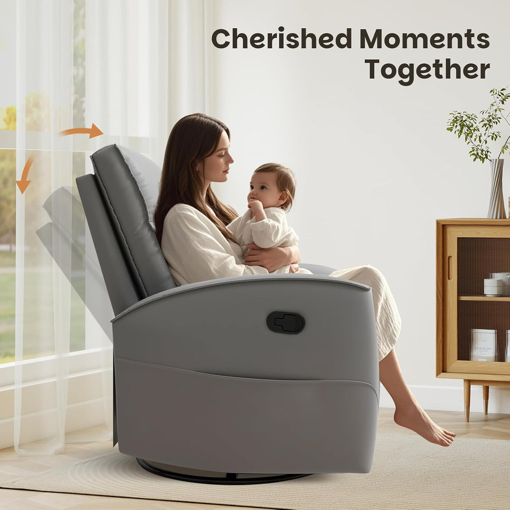 CANMOV Rocker Recliner Chair,360°Swivel Nursery Glider Recliner,Manual Recliner Sofa with Padded Armrest and Backrest,Leather Recliner for Small Spaces,Living Room,Bedroom (Grey)