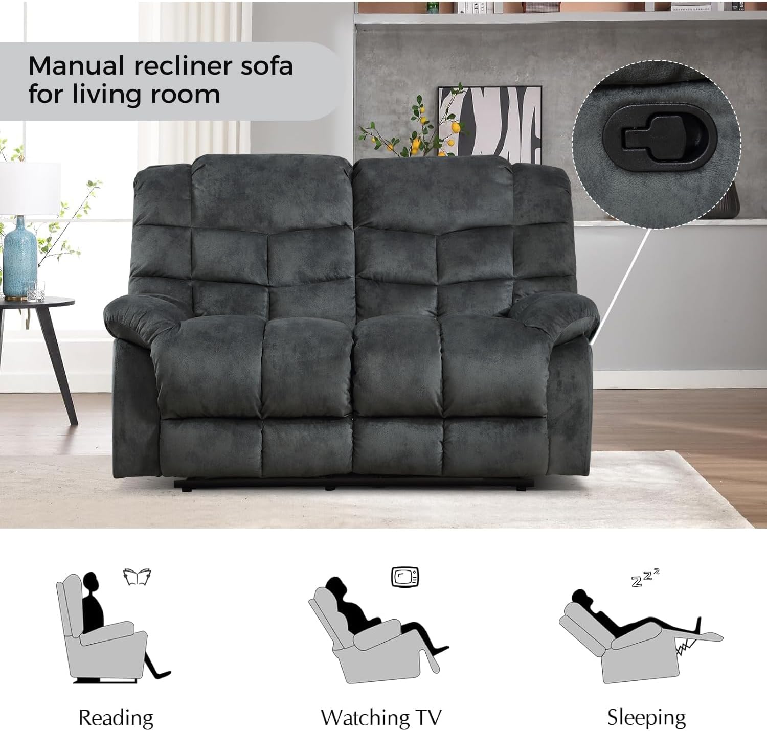 CANMOV Manual Reclining Sofa Set,2 Pieces Sofa Furniture Set for Living Room, Manual Recliner Chair and Recliner Loveseat with Arms for Living Room, Bedroom, Grey(1+2)