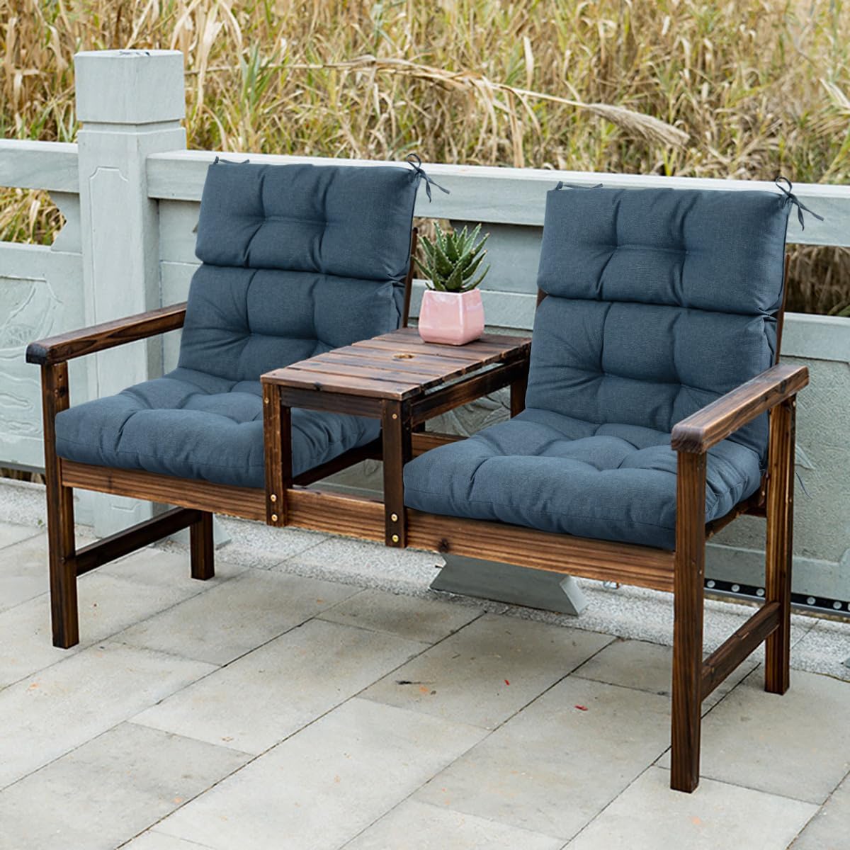 FUNHOME Outdoor High Back Chair Cushions Set of 2,Reversible Lawn Chair Cushion 44 x22 inch,Water Resistant Tufted Adirondack Chair Cushion,for Garden Rocking Chair,Patio Furniture(Denim Blue)