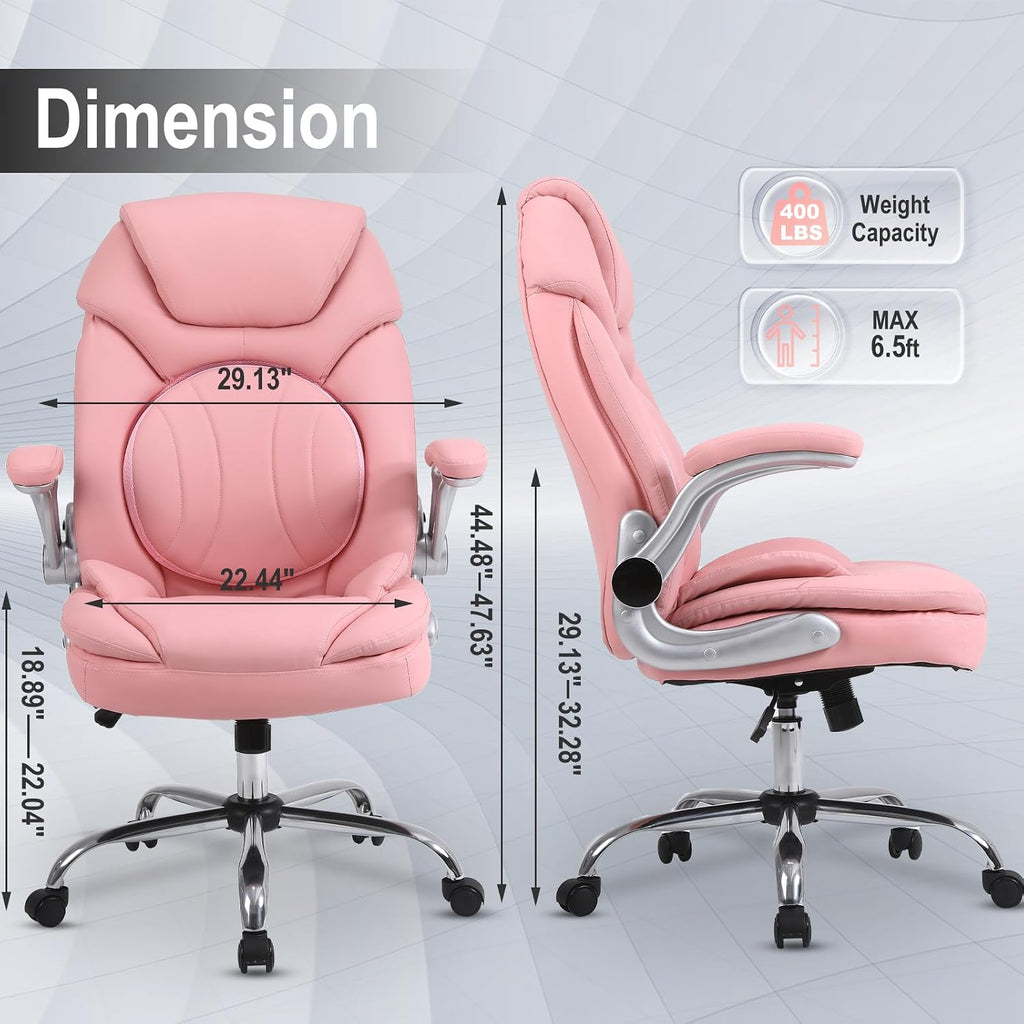 Ergonomic Executive Office Chairs with Adjustable Lumbar Support, 90-120° Rocking Managerial Chair Swivel Desk Chairs with Padded Flip-up Armrests (Pink), Medium(300lbs)