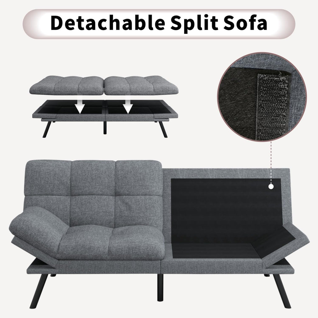 Opoiar 71-Inch Adjustable Futon Sofa Bed, Convertible Sleeper Couch with Split-Back Design for Personalized Comfort, Modern Loveseat Futon for Living Room & Small Spaces, Linen, Ash Gray