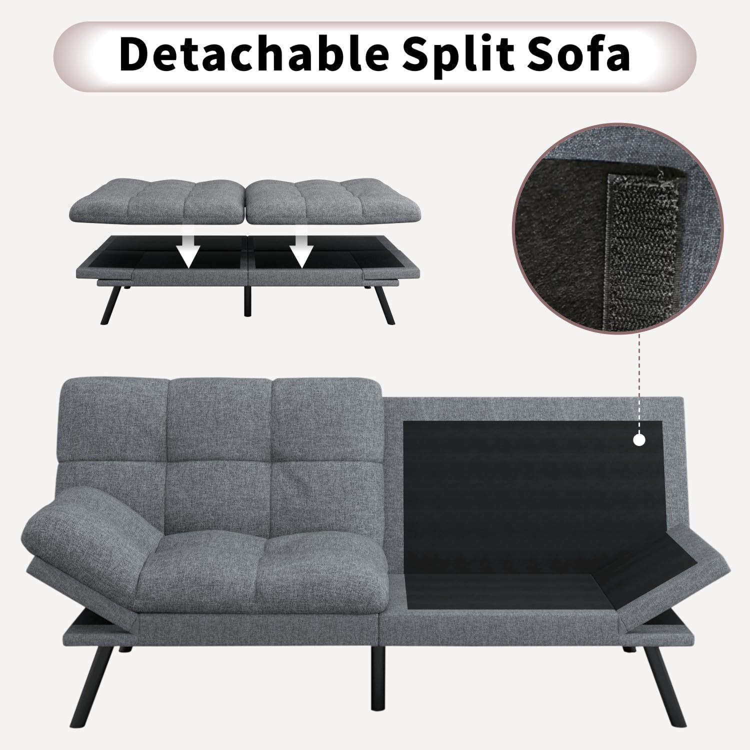 Opoiar 71-Inch Adjustable Futon Sofa Bed, Convertible Sleeper Couch with Split-Back Design for Personalized Comfort, Modern Loveseat Futon for Living Room & Small Spaces, Linen, Ash Gray