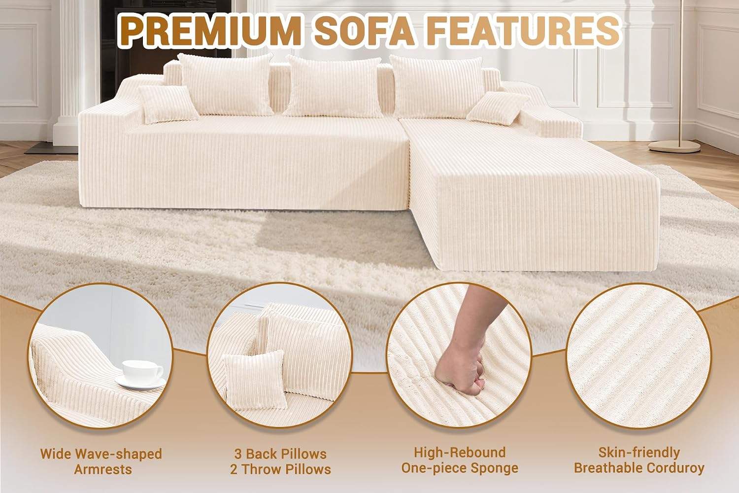 HABUTWAY 101'' Modular Sectional Sofa Cloud Couch with Deep Seat, Modern L-Shaped Convertible Couches Upholstered Couch with Chaise for Living Room Bedroom(Beige, Right-Facing Chaise)