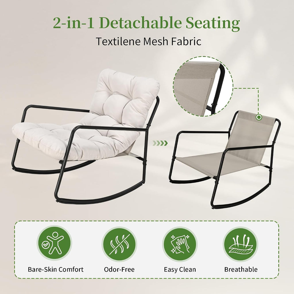 3-Piece Outdoor Rocking Chair Set with Side Table, Comfy Papasan Patio Lounge Chair, Metal Patio Bistro Furniture with Thick Cushions for Porch, Garden, Living Room (Beige)