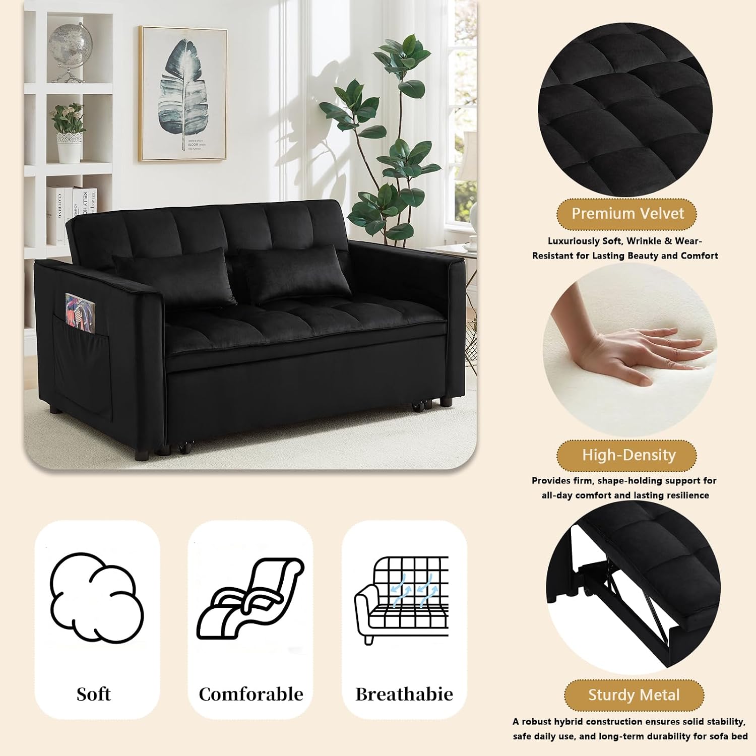 Convertible Sofa Bed,3 in 1 Pull Out Couch Adjustable Backrest, Modern Velvet Upholstery Sleeper Sofa Bed, Loveseat Couch for Living Room, Bedroom & Apartments (Black)