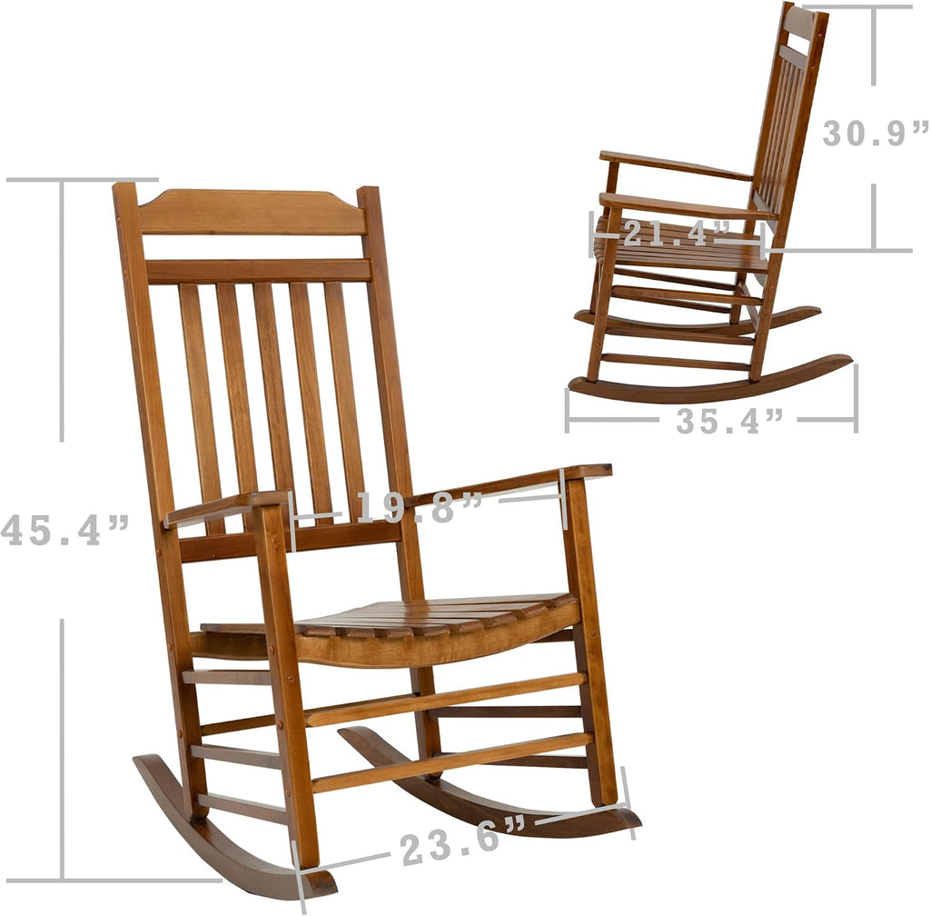 Kozyard Wooden Rocking Chair, Solid Wood Outdoor Rocker Chair with High Back & Slatted Seat, Ergonomic Porch Rocking Chair for Patio, Balcony, Garden, Indoor Outdoor Use (Natural)