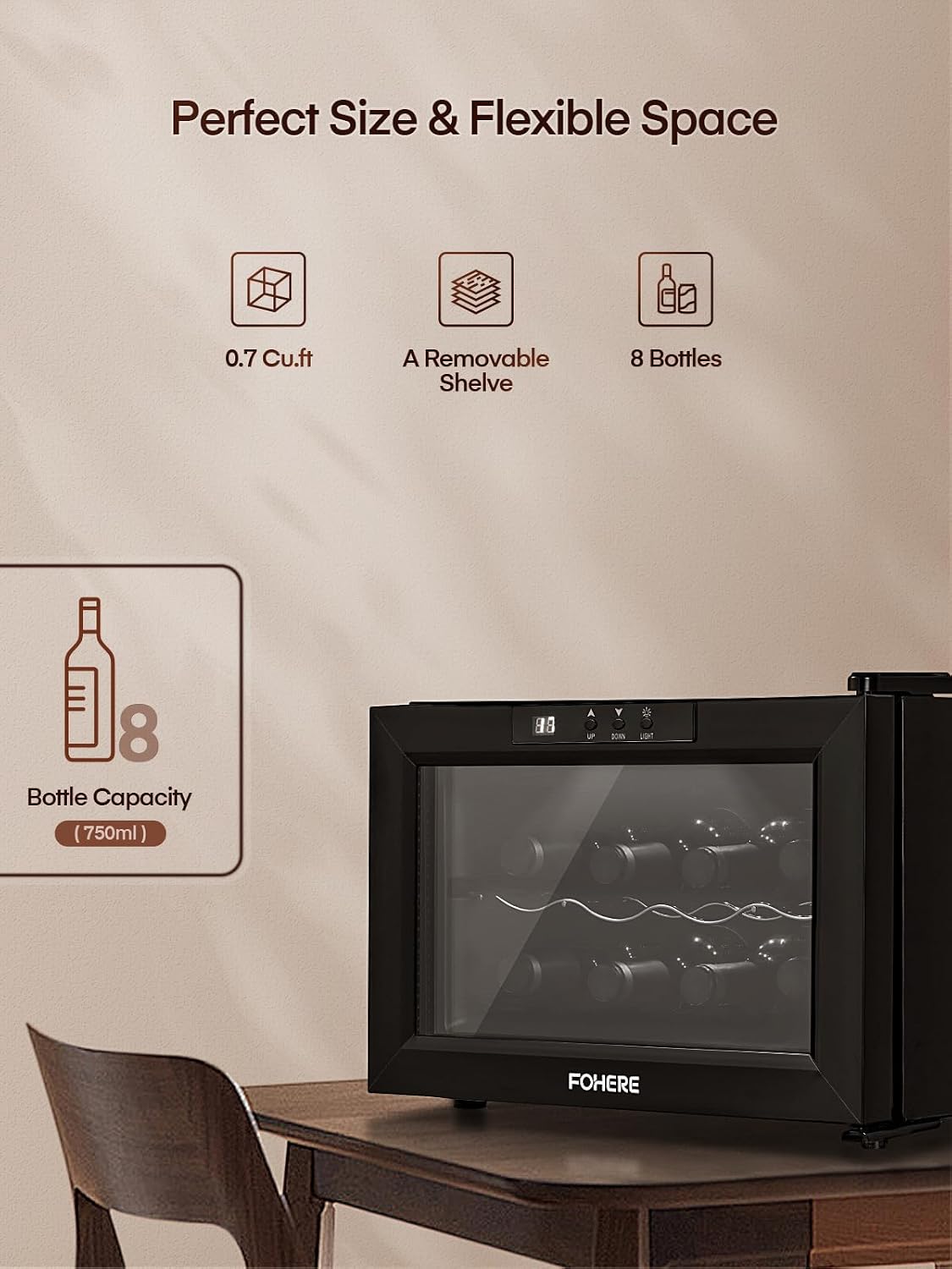 FOHERE 8 Bottles Countertop Wine Fridge, Small Wine Fridge with Double Glass Doors, LED Light, Digital Temperature Control, Wine Cellar for Bar, Home, Office