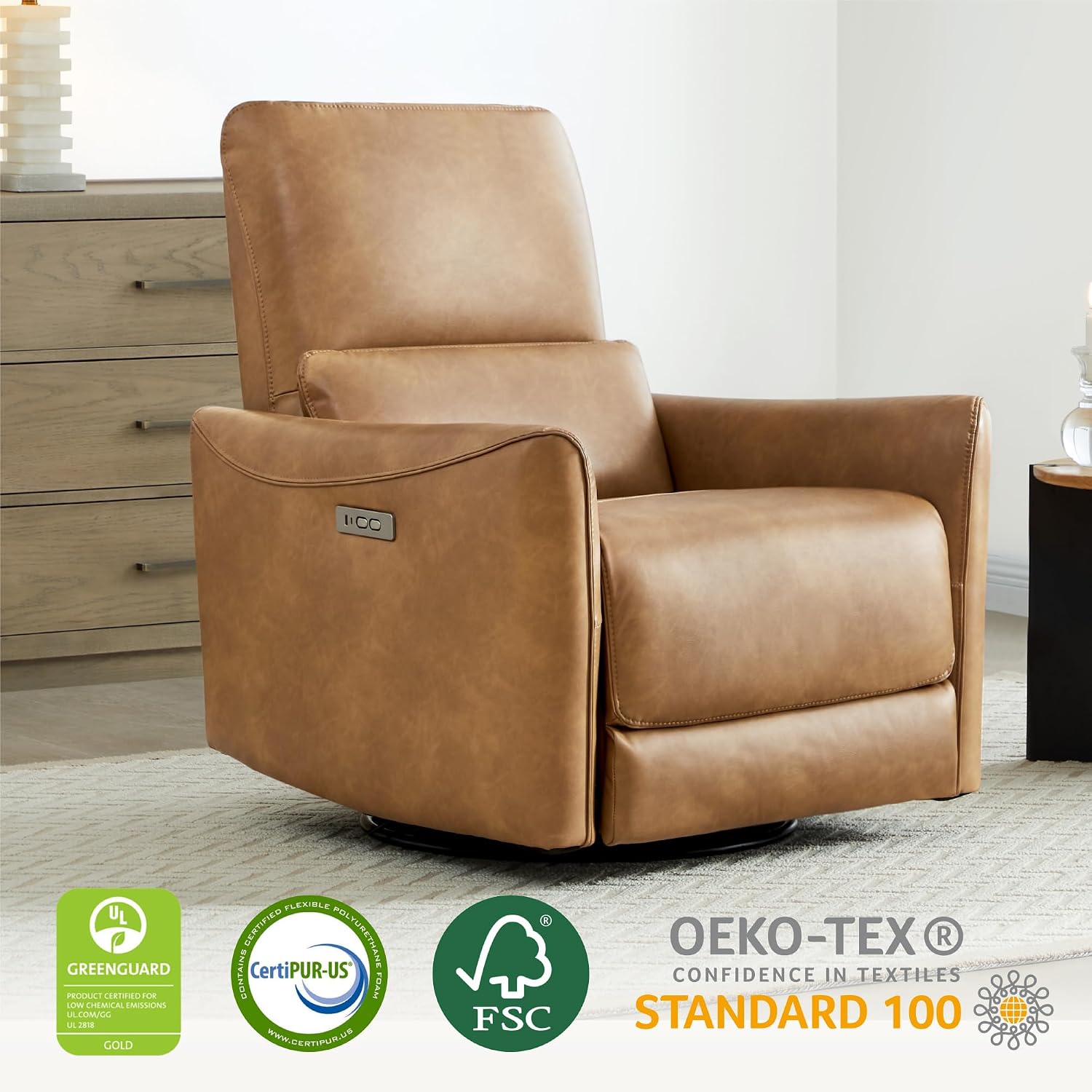 CHITA Power Recliner Chair Swivel Glider, FSC Certified Upholstered Faux Leather Living Room Nursery Reclining Sofa Chair with Lumbar Support, Cognac Brown