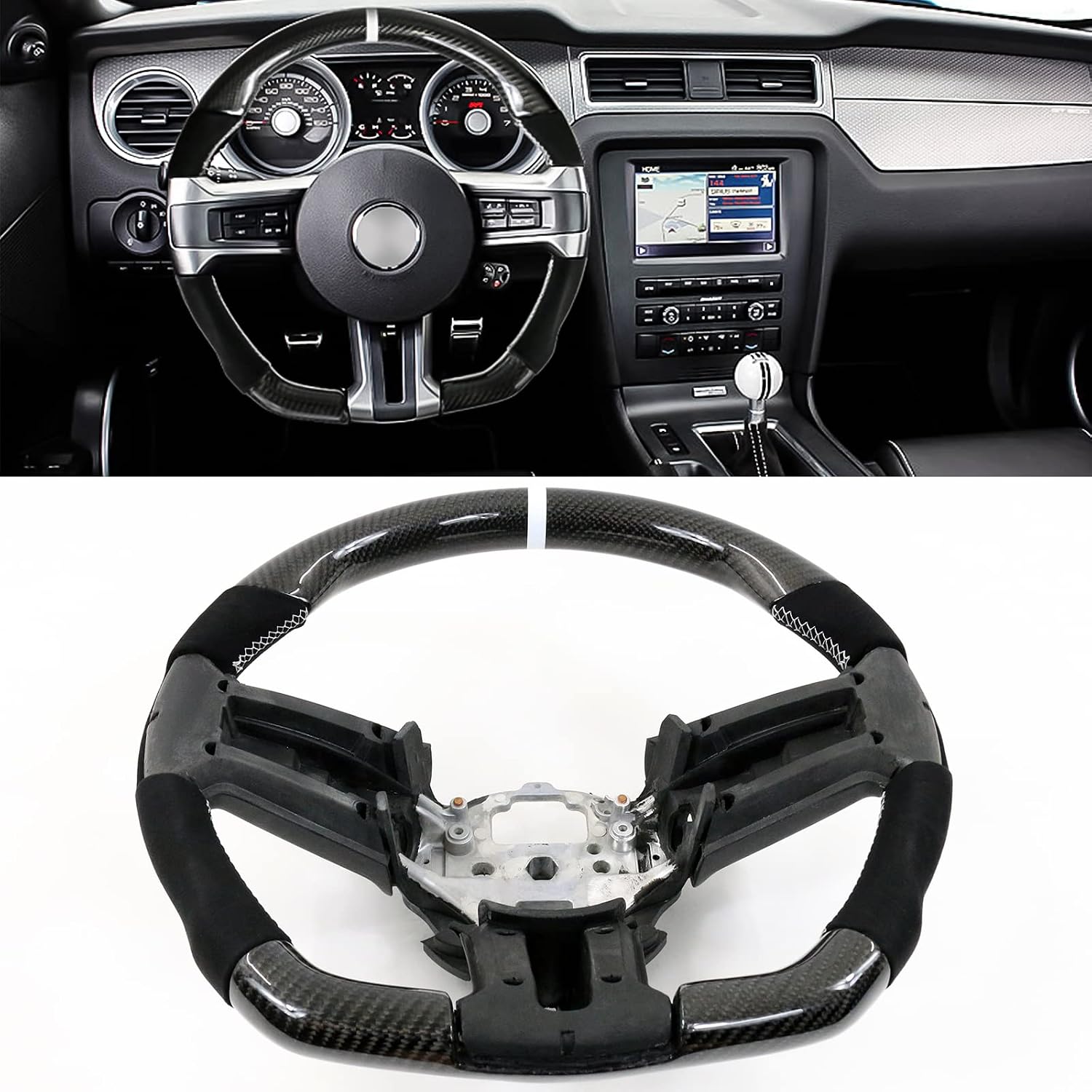 IKON MOTORSPORTS, Steering Wheel Compatible with 2010-2014 Ford Mustang, Steering Wheel Bodykit Replacement Carbon Fiber & Synthetic Suede White Stitch & Indicator, 2011 2012 2013