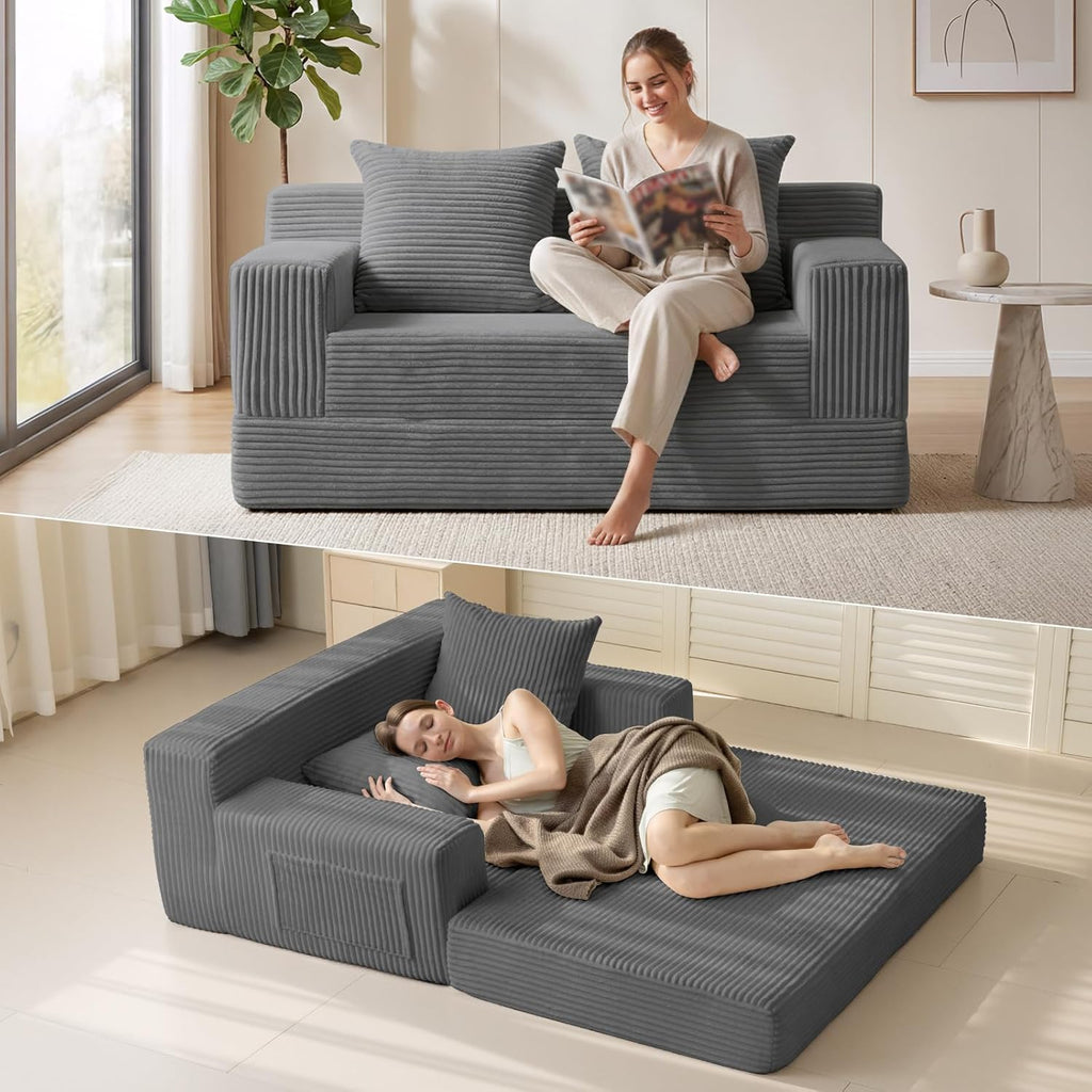Erament Convertible Sofa Bed, Loveseat Folding Floor Futon Sleeper Sofa Couch Bed- Boneless Foldable Couch, Corduroy Pull Out Sofa Bed with 2 Pillows for Living Room & Bedroom