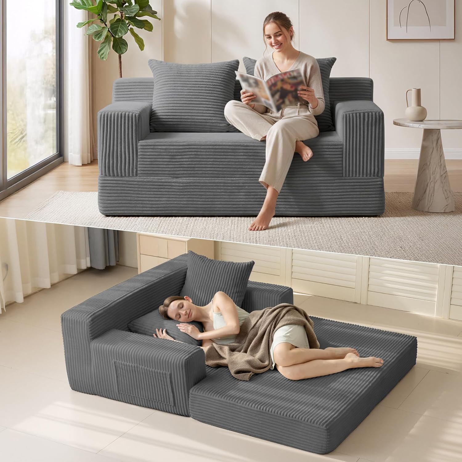 Erament Convertible Sofa Bed, Loveseat Folding Floor Futon Sleeper Sofa Couch Bed- Boneless Foldable Couch, Corduroy Pull Out Sofa Bed with 2 Pillows for Living Room & Bedroom