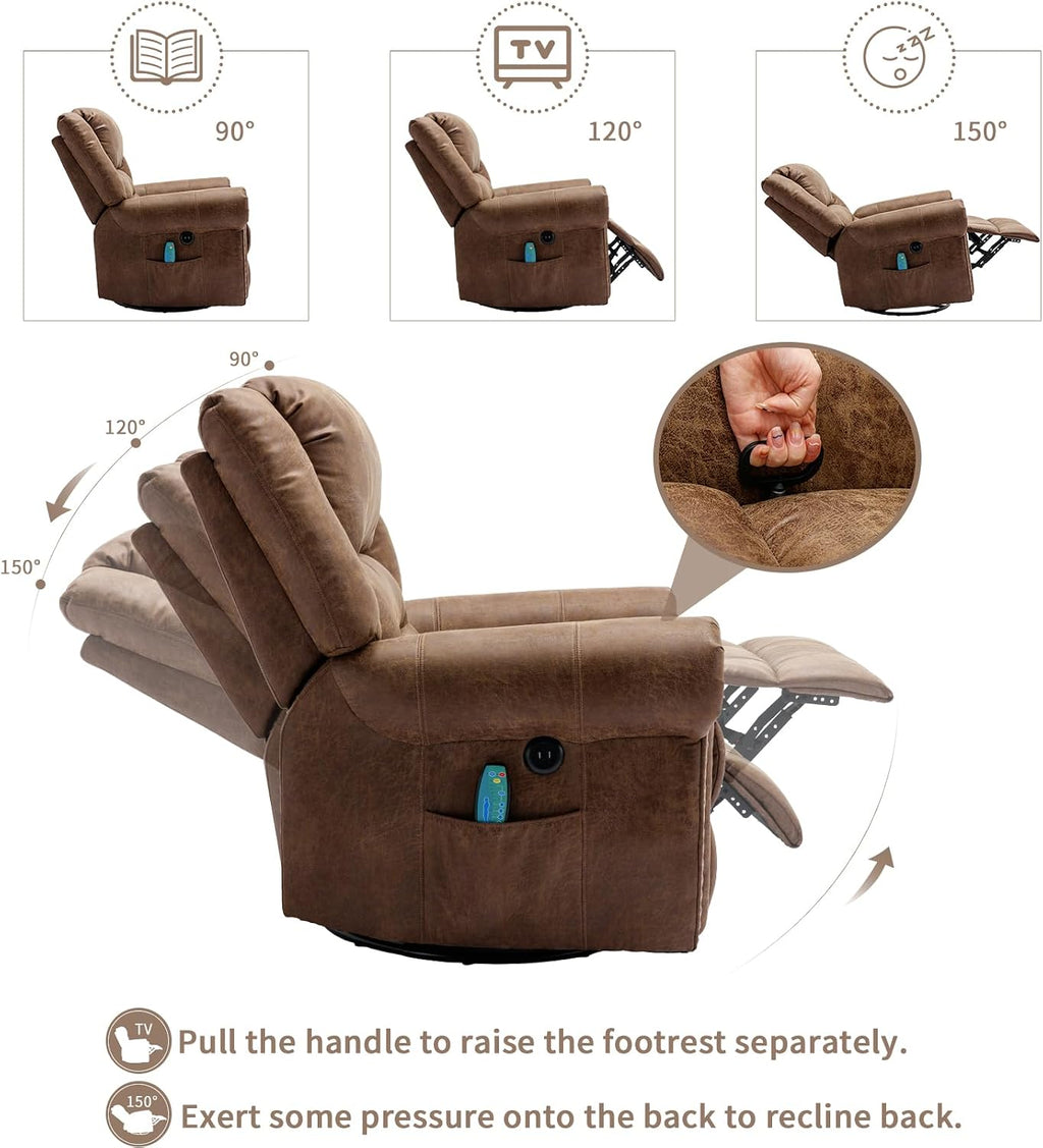 Manual Swivel Rocker Recliner with Heat and Vibration, 360° Swivel Glider Rocking Recliner, Ergonomic Lounge Massage Recliner Chairs with Side Pockets & USB Ports, Nut Brown