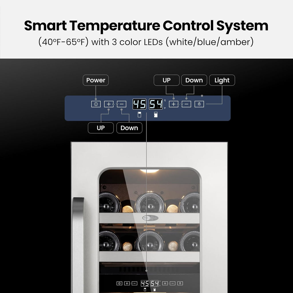 Whynter 29 Bottle Wine Fridge, 15 Inch Dual Zone Wine Cooler Refrigerator, 40-65°F Digital Temperature Control, 3 LED Wine Cellar, Built-in Under Counter Freestanding for Home Bar Kitchen (3.0 cu.ft)