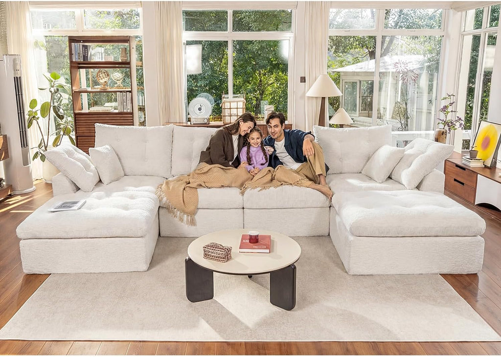 142' Cloud Sectional Couches U-Shaped Modular Boneless Chenille Sofa Couches with Deep Seat Ottoman and Side Pockets, Module Combination for Living Room 4 Seater