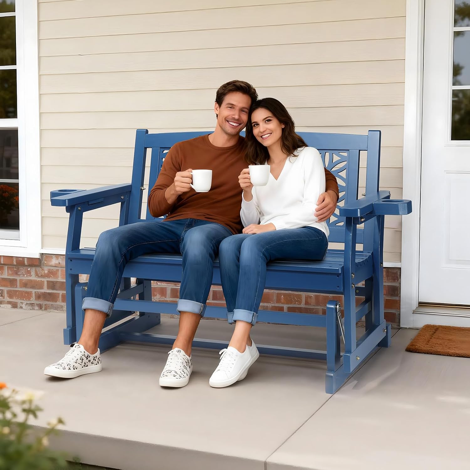 VINGLI Outdoor Glider for Adults, Patio Glider Love Seat with Cup Holders, Wooden Glider Bench with Floral Back for Garden, Yard, Patio, Blue