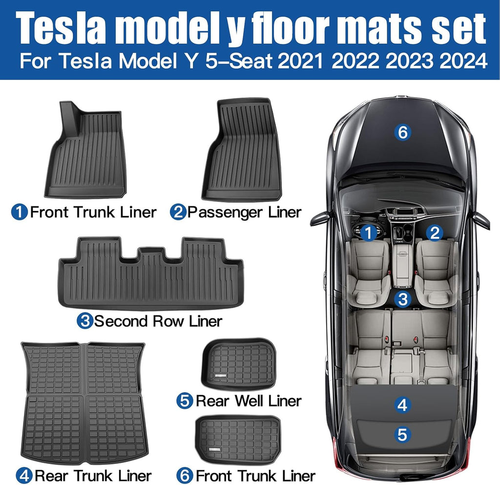 DEDC 6PCS Compatible with Tesla Model Y Floor Mat Full Set Mats Heavy Duty All-Weather Waterproof Protect Cargo Liner Accessories Fit for 5-Seater Model Y 2020-2024